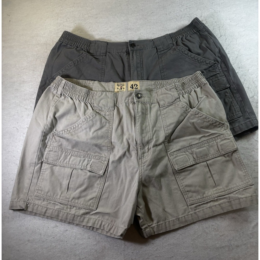 2Pc Red Head Mens‎ Sz 38 Khaki & Gray Cargo Shorts Elastic Waist Cotton Canvas